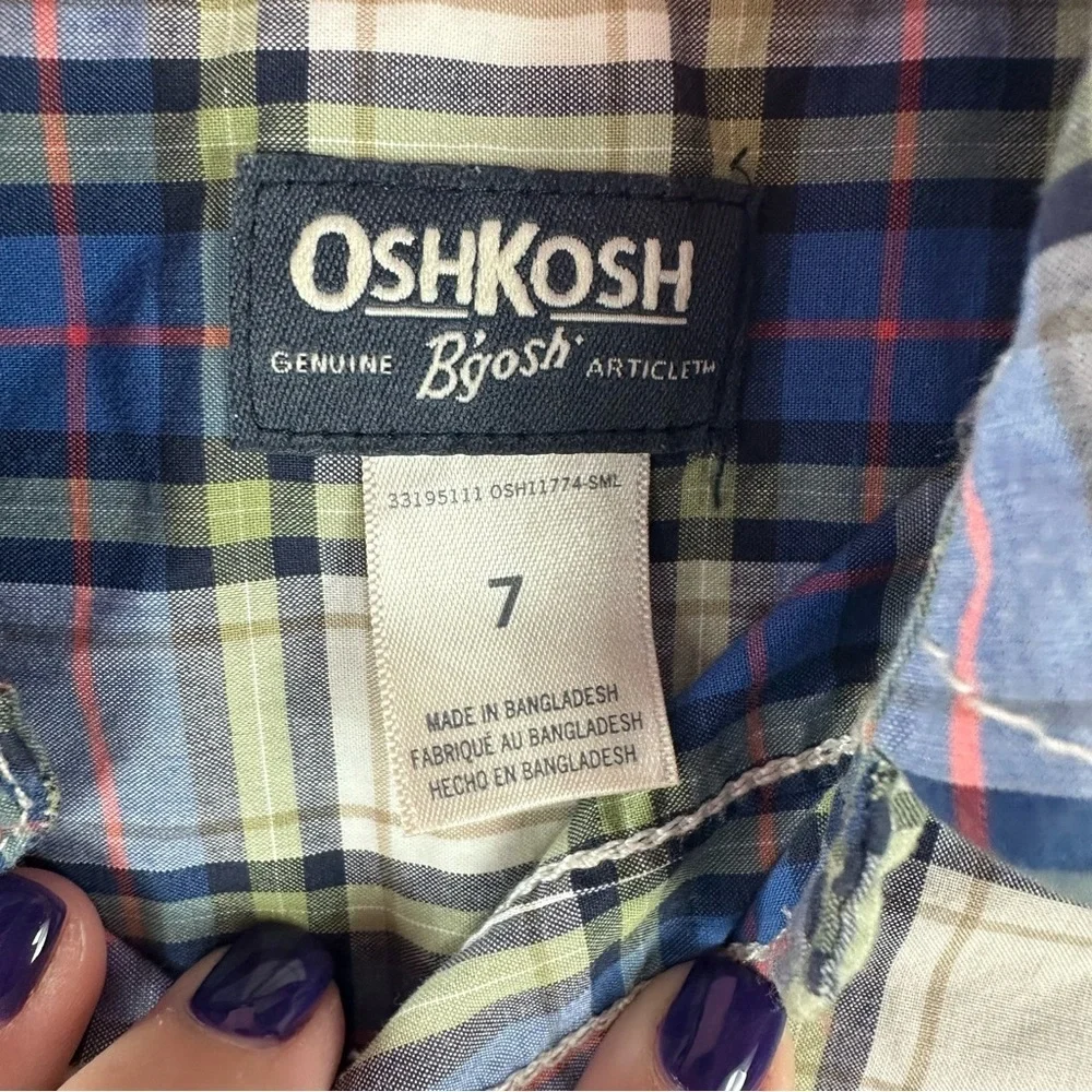 OshKosh B'gosh Blue Green Plaid Button up Shirt boys 7 cotton classic preppy